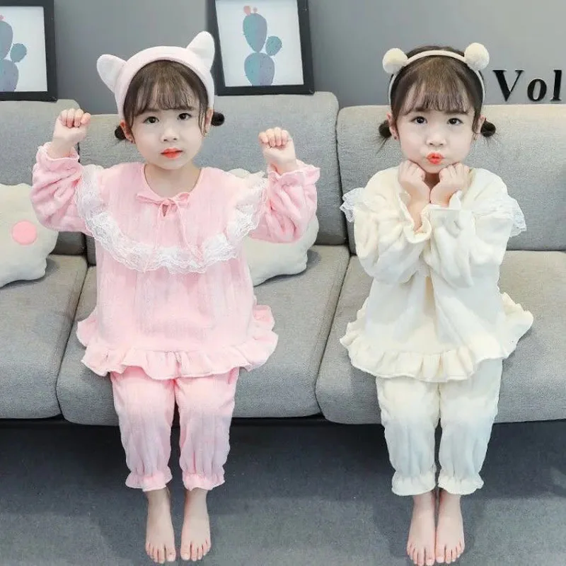 Sweet Girls Solid Color Pajamas Set Autumn and Winter Thickened Children's Warm Home Clothes Baby Girl Coral Velvet Pajamas Set