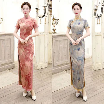 

Cheongsam Chinese Dress Vintage Floral Print Women Traditional Qipao Long Robe Satin Silk Short Sleeve Party New Year Wediing