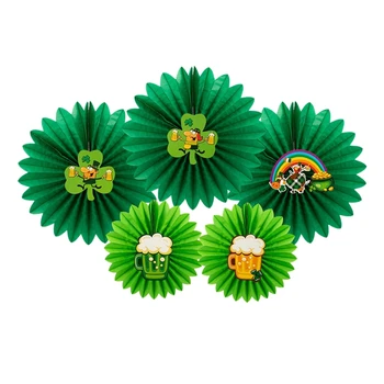 

5PCS St. Patrick's Day Paper Fans- Tissue Green Shamrocks Round Pattern Hanging Folding Fans Lucky Irish Clover Decorations for