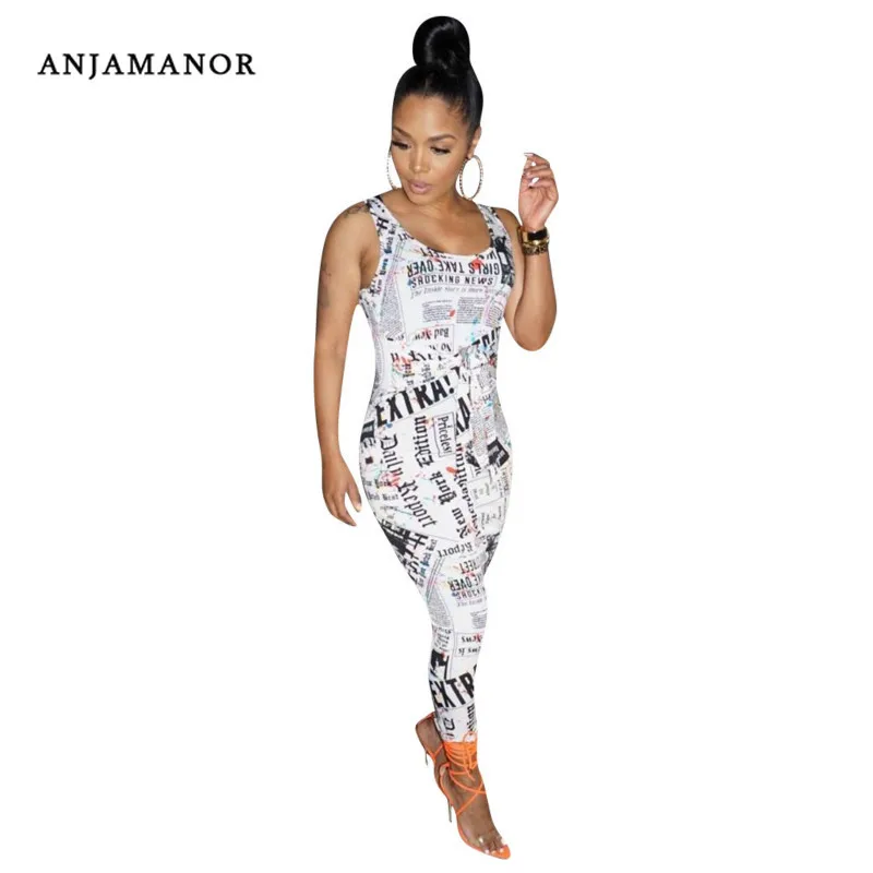 ANJAMANOR газета печати белый без рукавов Bodycon макси платье Плюс Размер Осень Сексуальные Платья вечерние ночной клуб одежда D41-AE16