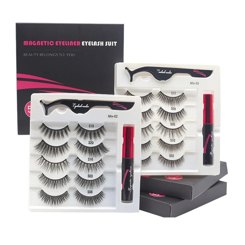 

5 Pairs/Set Magnetic Eyelashes False Lashes Repeated Use Makeup Eyelashes Set With Waterproof Liquid Eyeliner And Tweezer