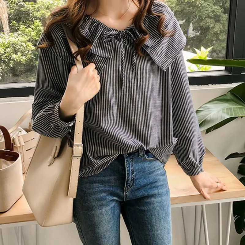 Blouse Women Top Stripe Shirt Korean Clothes Printing Long Sleeve V-Neck Loose Blouse Blusas Mujer De Moda New Arrival