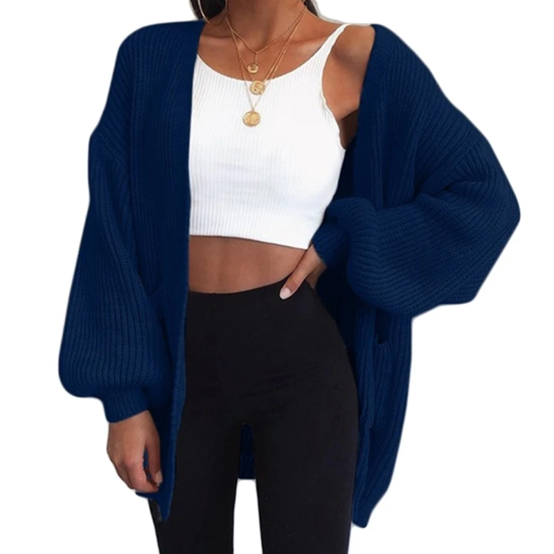 Women Lantern Sleeve Sweater Cardigan Solid Color Open Front Knit Midi Long Coat