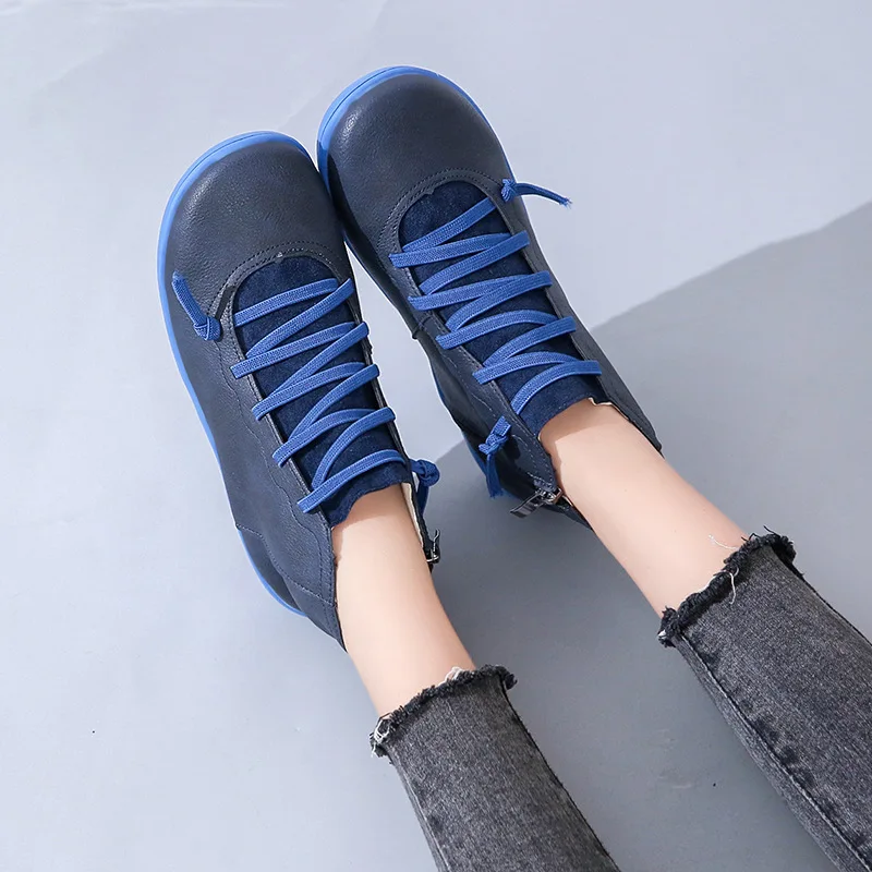 Womens Boots Ankle Socofy Leather Lace Up Booties Womens Big Size Cross Strap Flats Winter 2019 Boots Fall Women Shoes Short