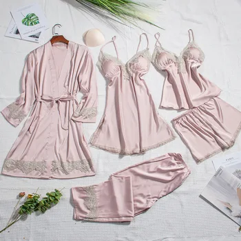 

Women 5PCS Sleepwear Satin Pajamas Suit Lady Casual With Lace Autumn New Sleep Set Lounge Female Kimono Bath Gown Home Clothing