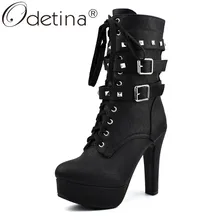 Odetina/ г.; пикантные черные женские ботильоны на очень высоком каблуке и платформе в байкерском стиле; ботинки в стиле панк на шнуровке с заклепками; женская обувь с ремешком и пряжкой