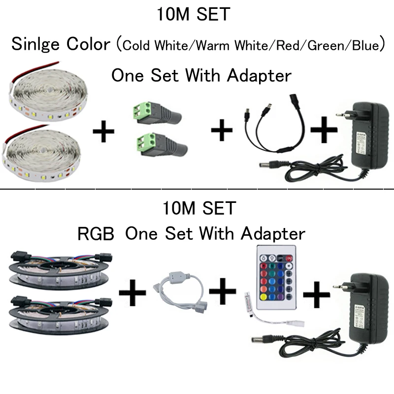 10 м 5 м водонепроницаемый 2835SMD светодиодный гибкий светильник RGB теплый белый красный синий зеленый 12 В DC один комплект с адаптером контроллер
