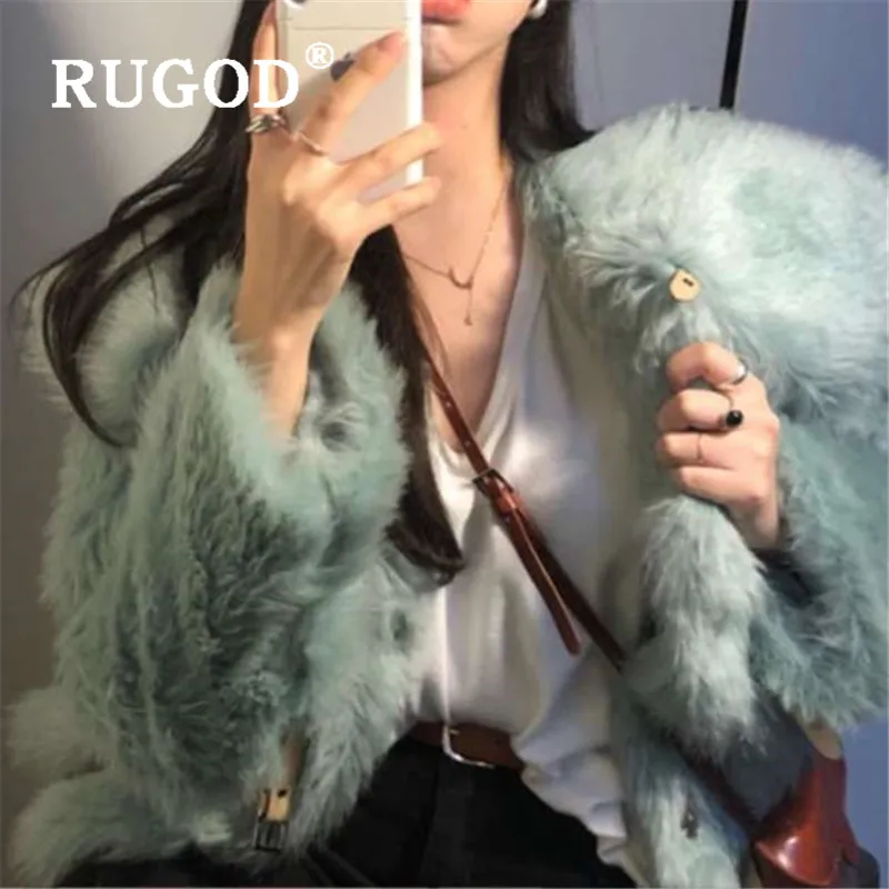 Пальто женское RUGOD, элегантное пушистое Женское пальто, свежее зеленое пальто из овечьей шерсти, милое, большое, с отложным воротником, с хлопковой подкладкой, толстая зимняя куртка, парка