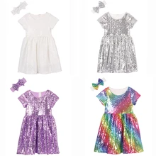 Платье с блестками для девочек; детское платье с золотыми блестками; Цвет Радужный; свадебные, розовые вечерние платья для выпускного вечера; летнее платье с короткими рукавами для малышей