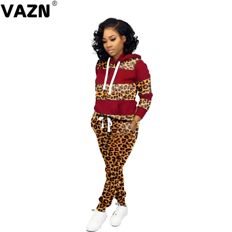 VAZN OJS9158 Hot Sale Sexy Club Leopard Fashion 3colors Full Sleeve Hooded Group Long Pants Elastic Women 2 Piece Set |