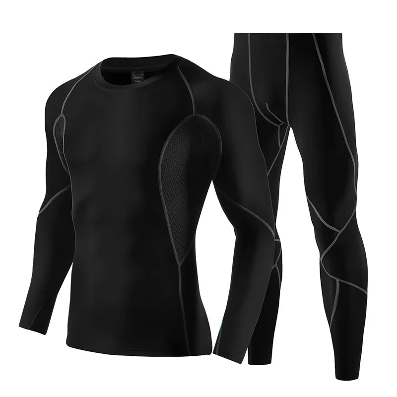 Black DarkGrey Компрессионные Мужские спортивные костюмы быстросохнущие эластичные беговые наборы одежда спортивный костюм для бега тренировки Спорт Фитнес спортивные костюмы для бега - Цвет: Black DarkGrey