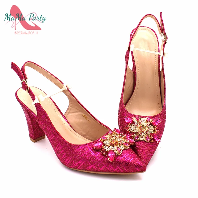 Fashionable African Shoes and Bag Set Italian Women  Fuchsia Color Nigerian Shoes with Matching Bags for Royal Wedding Party 5