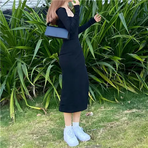 Girls Lengthy Sleeve Costume Mid-calf Size Sq. Collar Black Sheath Retro Slim Attractive Classic Aspect Slit Stretchy All-match Easy 85 Ha70f75a1c4a54e40adbcfcacb4bca1f2E