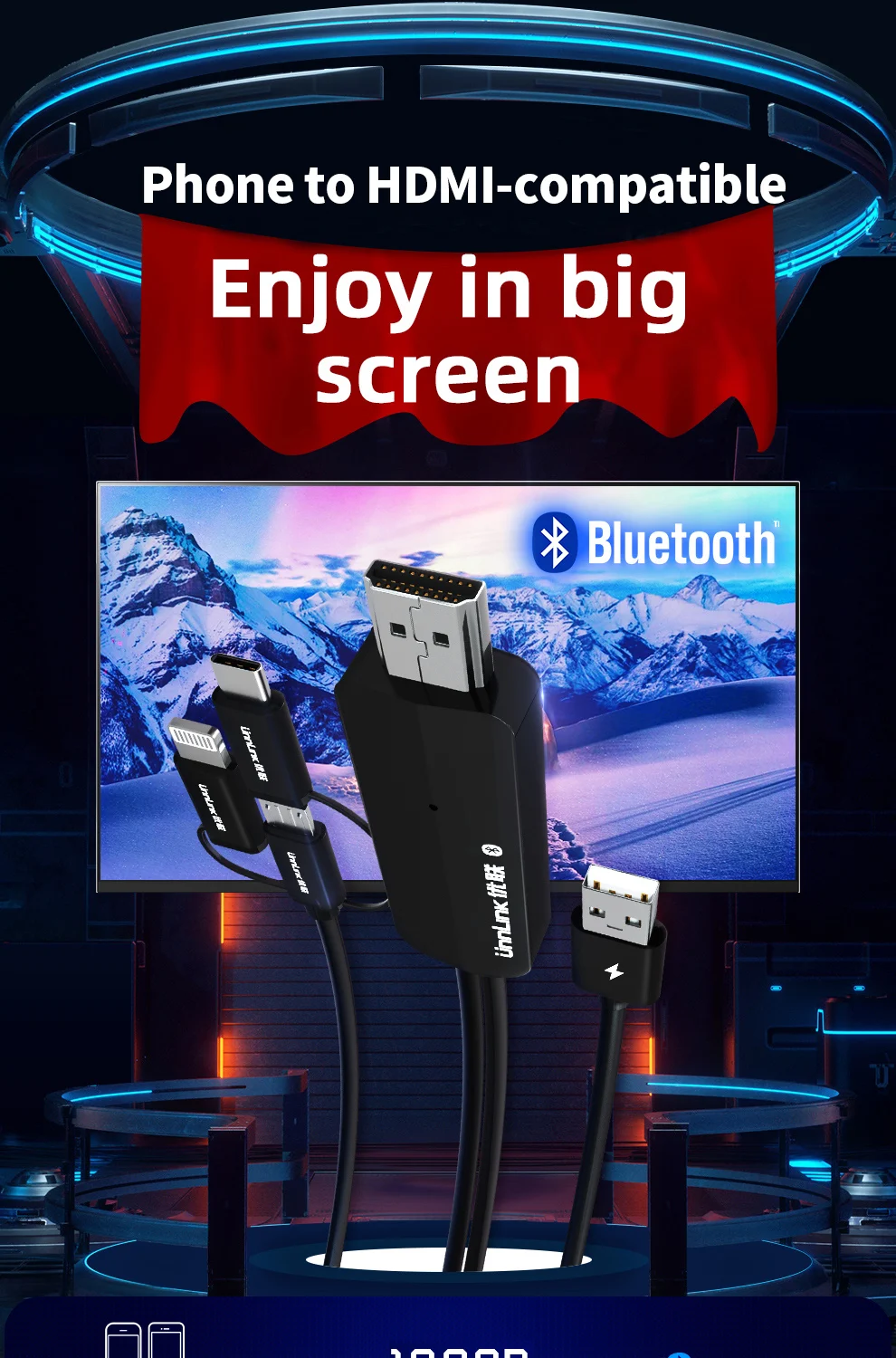 cabo HDMI, relâmpago, telefone Android, 3 em