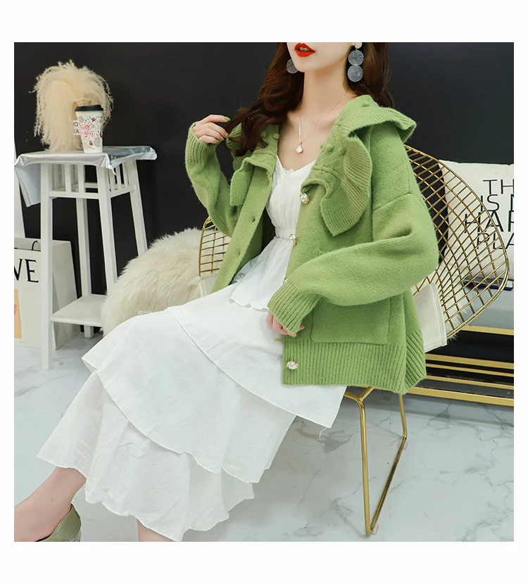 H.SA Women Winter Oversized Sweater Cardigans Big Collar Ruffles Loose Jumpers Green Beige Cardigans Feminino Button Up