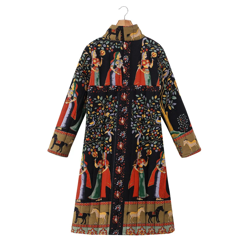 MISSOMO зимняя куртка для женщин, пальто, парка, свободные, с длинным рукавом, винтажный принт, пуговицы, макси, длинные пальто и куртки, женская верхняя одежда, 9