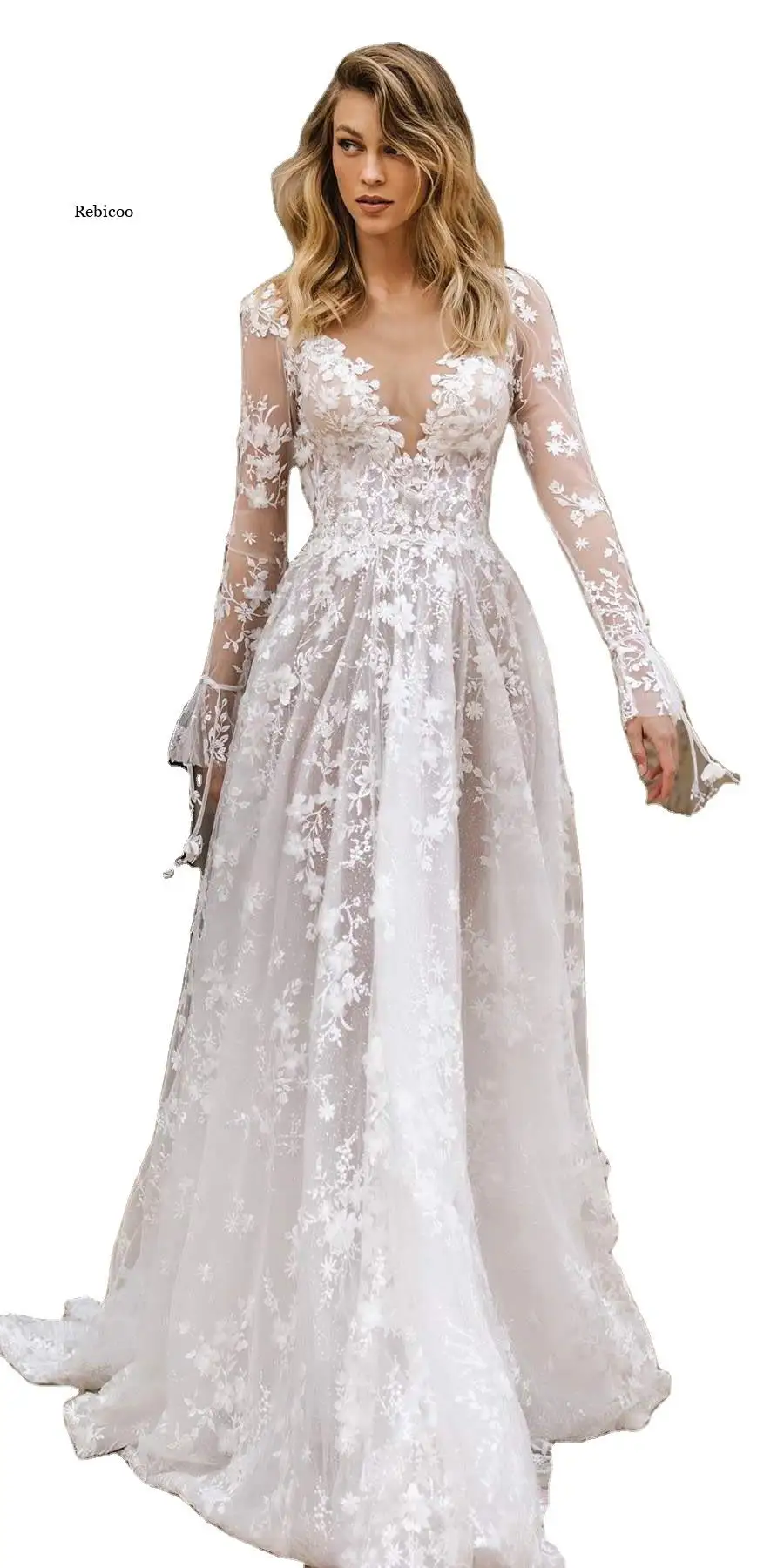 

Women Maxi Party Dress Long Sleeve Floor Length Embroidery White Lace Sexy Backless Tulle Long Dress 2022 Summer