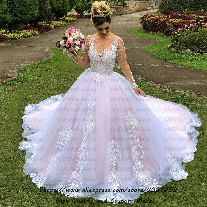 Color As Picture Свадебное платье с аппликацией на заказ, Vestido De Noiva, великолепное бальное платье с жемчугом и бусинами, свадебное платье с длинными рукавами trouwjurk - Цвет: Color As Picture