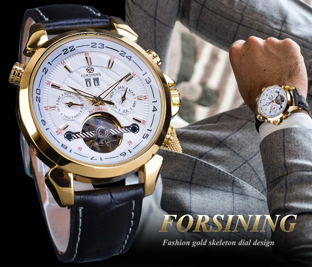 Forsining автоматические механические мужские часы модные золотые Tourbillon Moonphase Дата натуральная кожа Бизнес Спорт Montre Homme