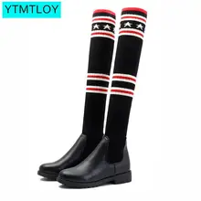 Новинка; женские ботинки; сезон осень-зима; женские модные сапоги на плоской подошве; Сапоги выше колена; сапоги с высоким голенищем из вязаной шерсти; Botas Mujer