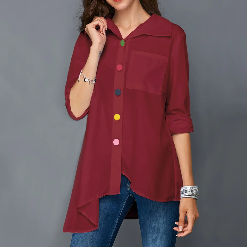 Однотонная белая женская Повседневная рубашка размера плюс, аномалистическая модная женская блузка, цветная Женская туника с длинным рукавом на пуговицах, осенняя - Цвет: Красный