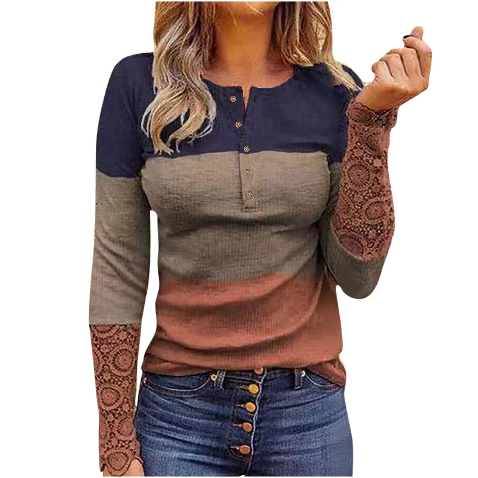 Women Casual Slim T-Shirts Autumn Patchwork Color Lace Long Sleeve Knit Tunic Top V-neck Button Slim Top Casual Tee Streetwear 1