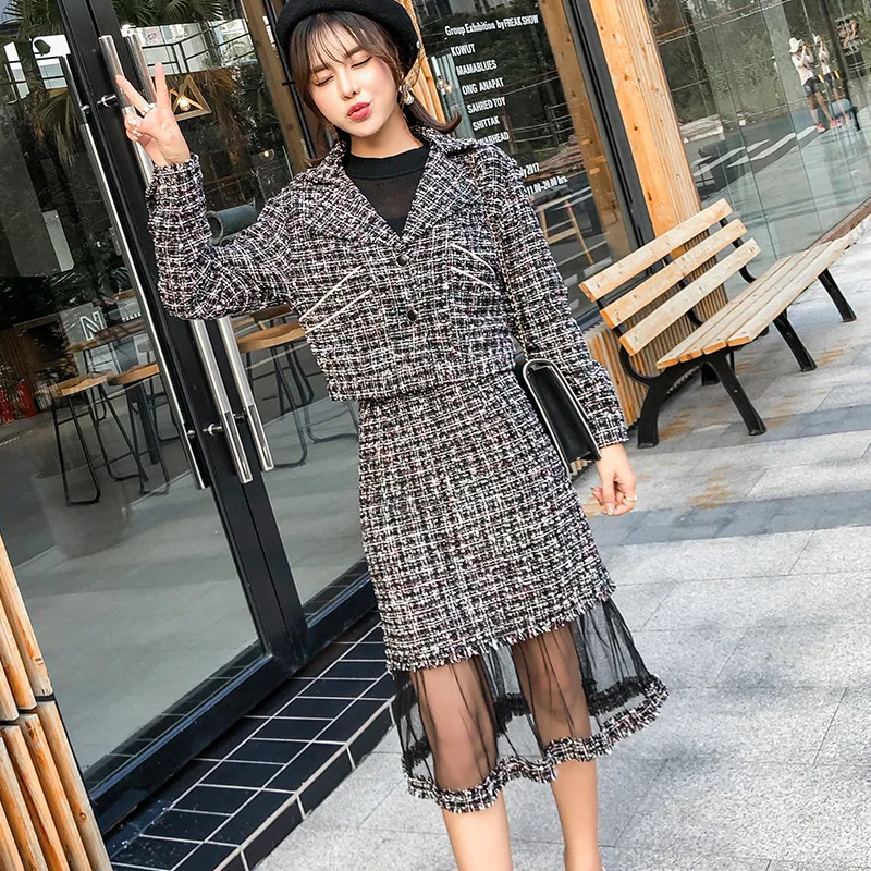

2019 Autumn Winter Silm Office Causal Elegant Sexy 2 Piece Set Runway Women Tweed Tassel Beading Jacket Coat + Pencil Skirt Suit