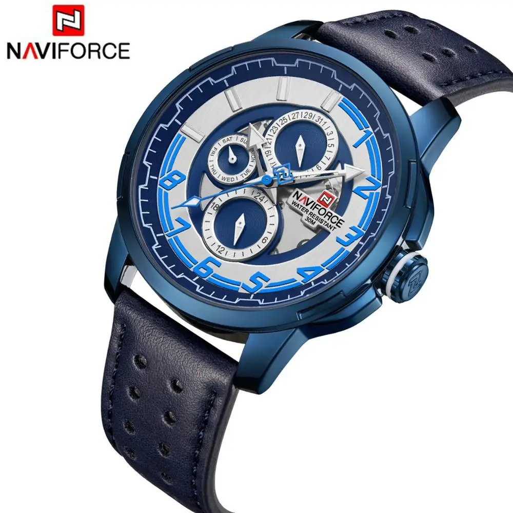 

NAVIFORCE 2019 Fashion Blue Watch Men Calendar Multifunction Quartz Mens Watches Top Brand Luxury Leather Strap Wristwatches