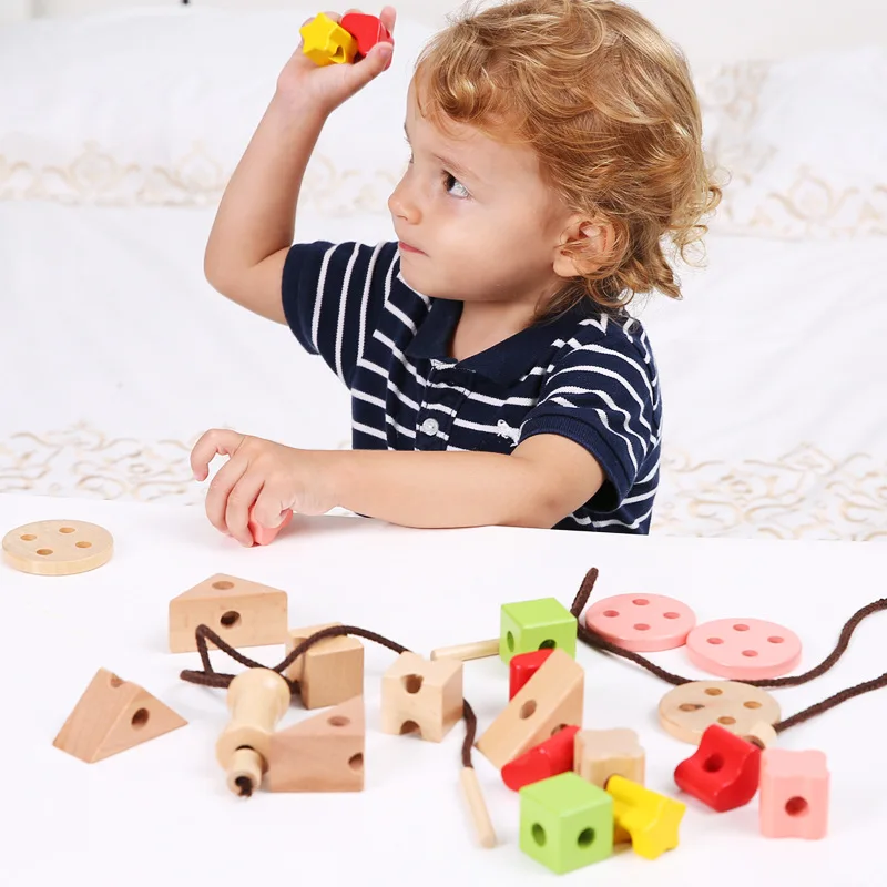 Детский браслет с бусинами для детей 2-3-4 лет, суб-детский браслет с пуговицами, суб-ношение веревки, швейный браслет с бусинами, деревянная система для раннего возраста