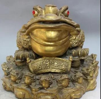 

12" Folk Chinese Brass Zhao Cai Coin FengShui Jump Money Hoptoad Toad Statue