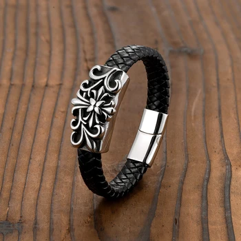 Cool Men's Leather Bracelet Eagle Head Simple Woven Stainless Steel Bracelet Gift