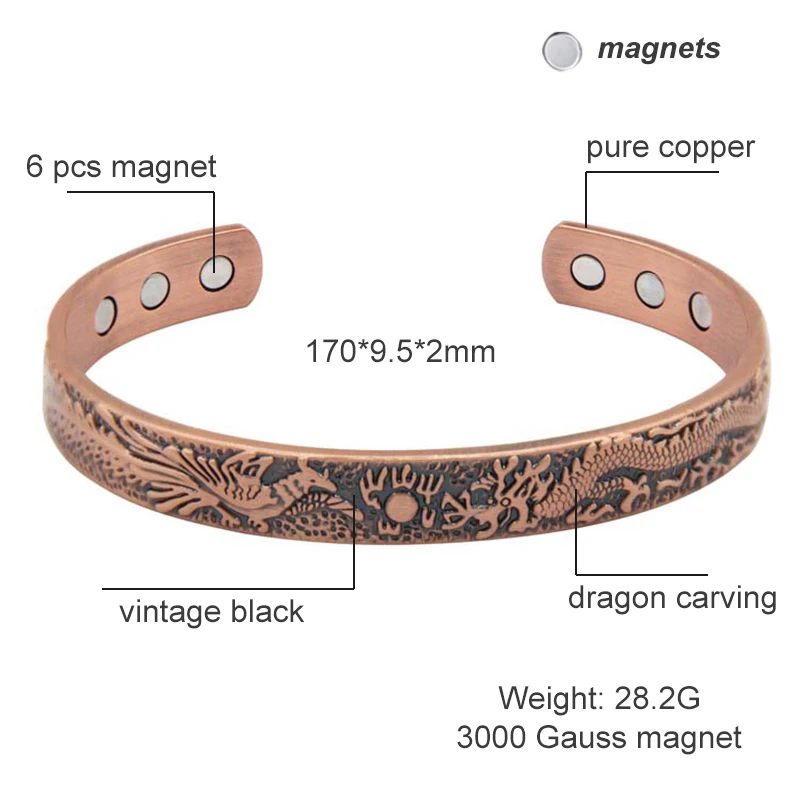 3000 Gauss Open Cuff Adjustable Bracelets for Women Health Energy Magnetic Bangles Dragon Pattern Pure Copper Bracelets& Bangle