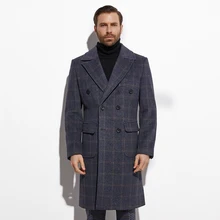Зимнее двубортное длинное пальто с темно-синим стеклом, плотное теплое шерстяное пальто на заказ, приталенная длинная осенняя куртка