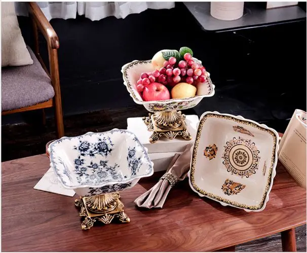 26*26*19.5cm Creative American Square Flower Ice Crack Ceramic Fruit Plate Home Decoration Storage Crafts Ornaments Snack Plate