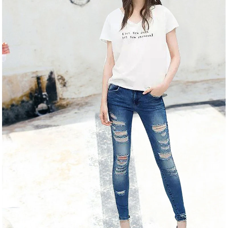 Ms. Autumn New Hole Jeans Slim Stretch Europe And America Women's Autumn Feet Pencil Pants Large Size S-3xl