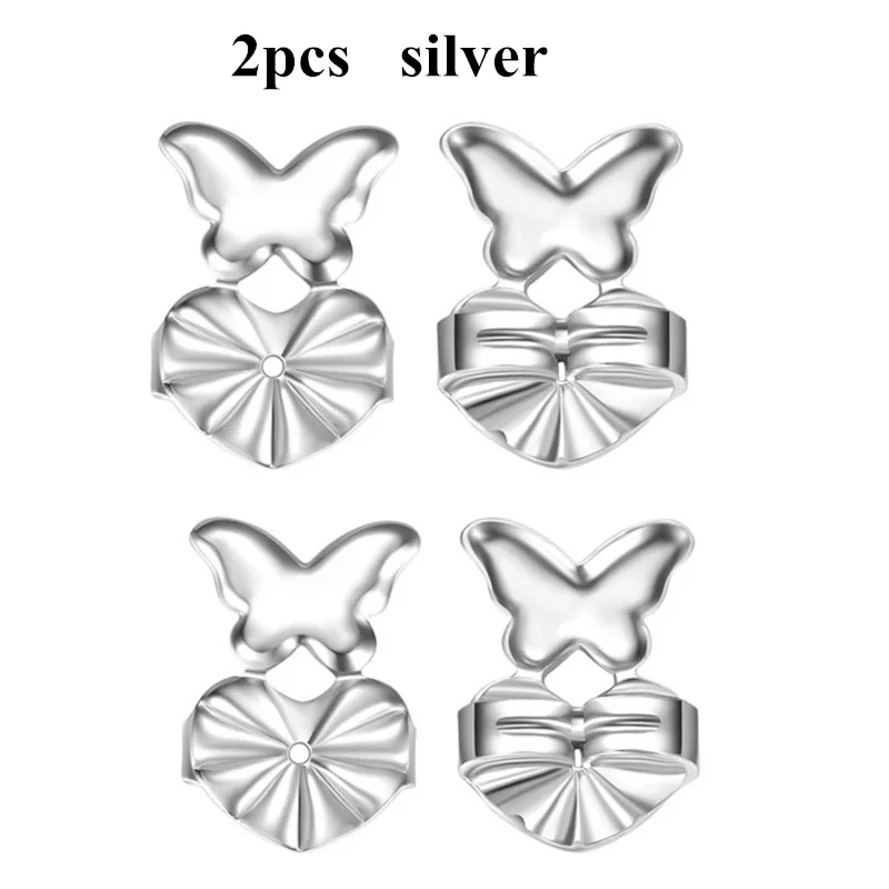 2pcs silver ROMAD Fashion Butterfly Stud Earrings Back Nut Lifter Lift Hypoallergenic Fits Post Earring Earlobe Support Earrings For Women - Окраска металла: 2pcs silver