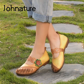 

Johnature Genuine Leather Flats Women Shoes 2020 New Spring Handmade Round Toe Shallow Flower Concise Casual Ladies Shoes