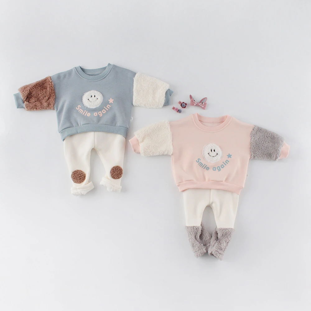 Baby Clothing Set medium Baby Clothing 0-2 Year old Baby Boys and Girls Lovely Long Sleeved Smiling Face Plush Thickened Splicing Tops and Plush Pants Baby Clothing Set for boy