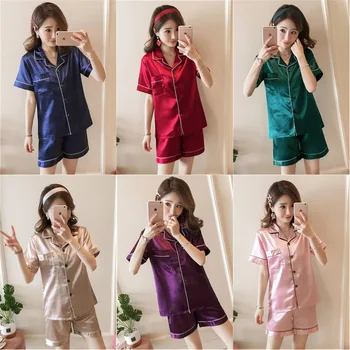 

Summer New Satin Home Clothing Big Size 3XL-5XL Homewear 2PCS Pajamas Suit Female Sleep Set Intimate Lingerie Nightwear