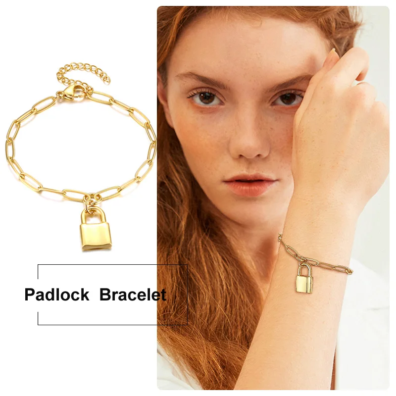 Charm Chunky Padlock Chain Link Bracelet Women Female Stainless Steel Gold Filled Paper Clip