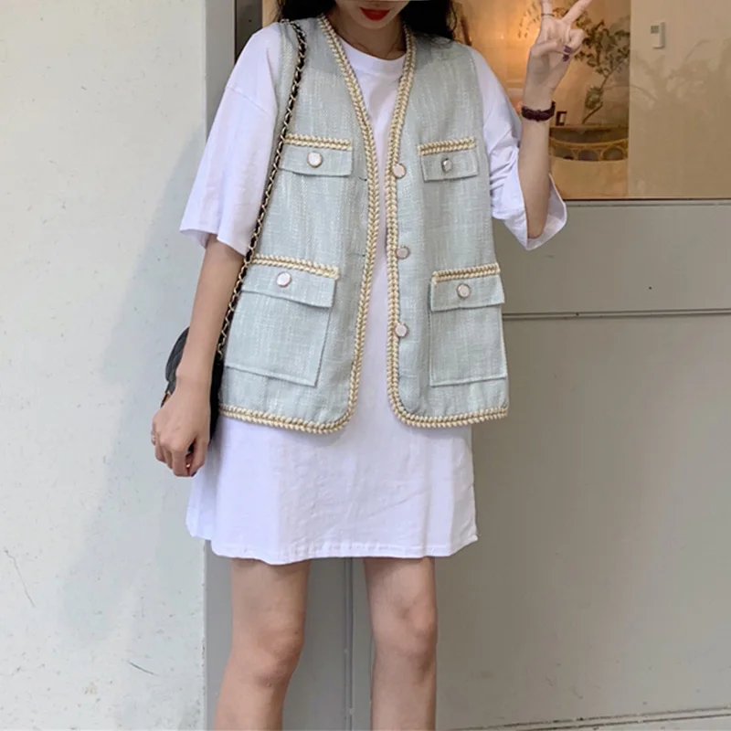 Light Blue Vest Осенняя Повседневная элегантная Милая женская жилетка из двух частей с карманами и пуговицами, майки с v-образным вырезом, новинка года, модные женские топы, одежда - Цвет: Light Blue Vest