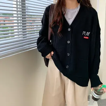 

3 colors 2020 korean style autumn letter embroidery knitted sweaters cardigans womens outwear loose coats womens (X1508)