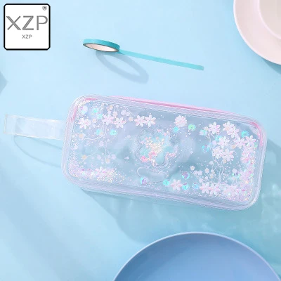 XZP Girl Pencil Case Transparent Oil Sandpaper Pen Bag Ins Style Cute Cosmetic Bag Wardrobe Organizer Travel Organizer Set - Цвет: Green Flower