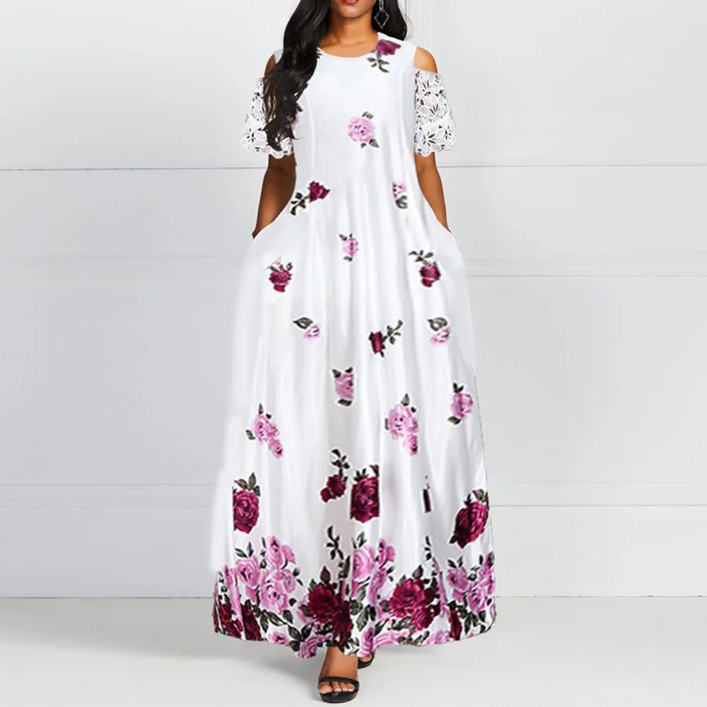 

Elegant Printed White Long Dress 2020 Spring Summer A Line Female Maxi Dresses Robe Round Neck Femme Vestiods Office Lady Work