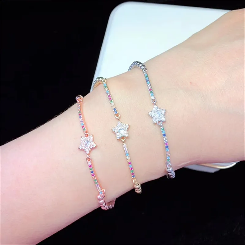 10 шт./лот, опт, латунный браслет, инкрустированный радужным кубическим цирконием, маленькая звезда, регулируемый браслет, модные ювелирные изделия