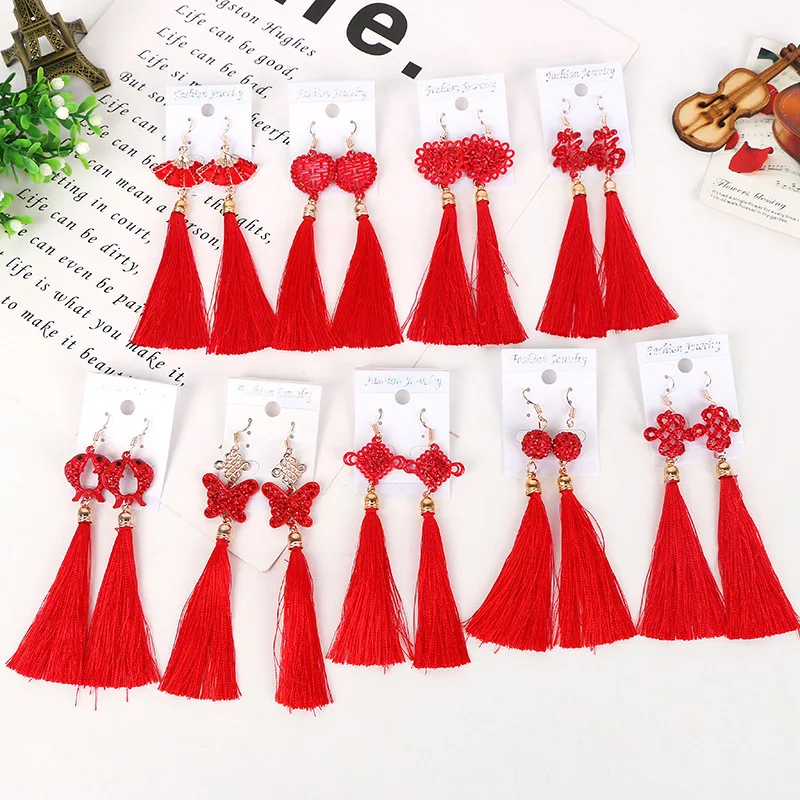 

Popular Traditional Holiday Red Lantern Chinese Knot Carp Long Earrings Tassel Earrings Drop Earrings for Women Jewelry Earings