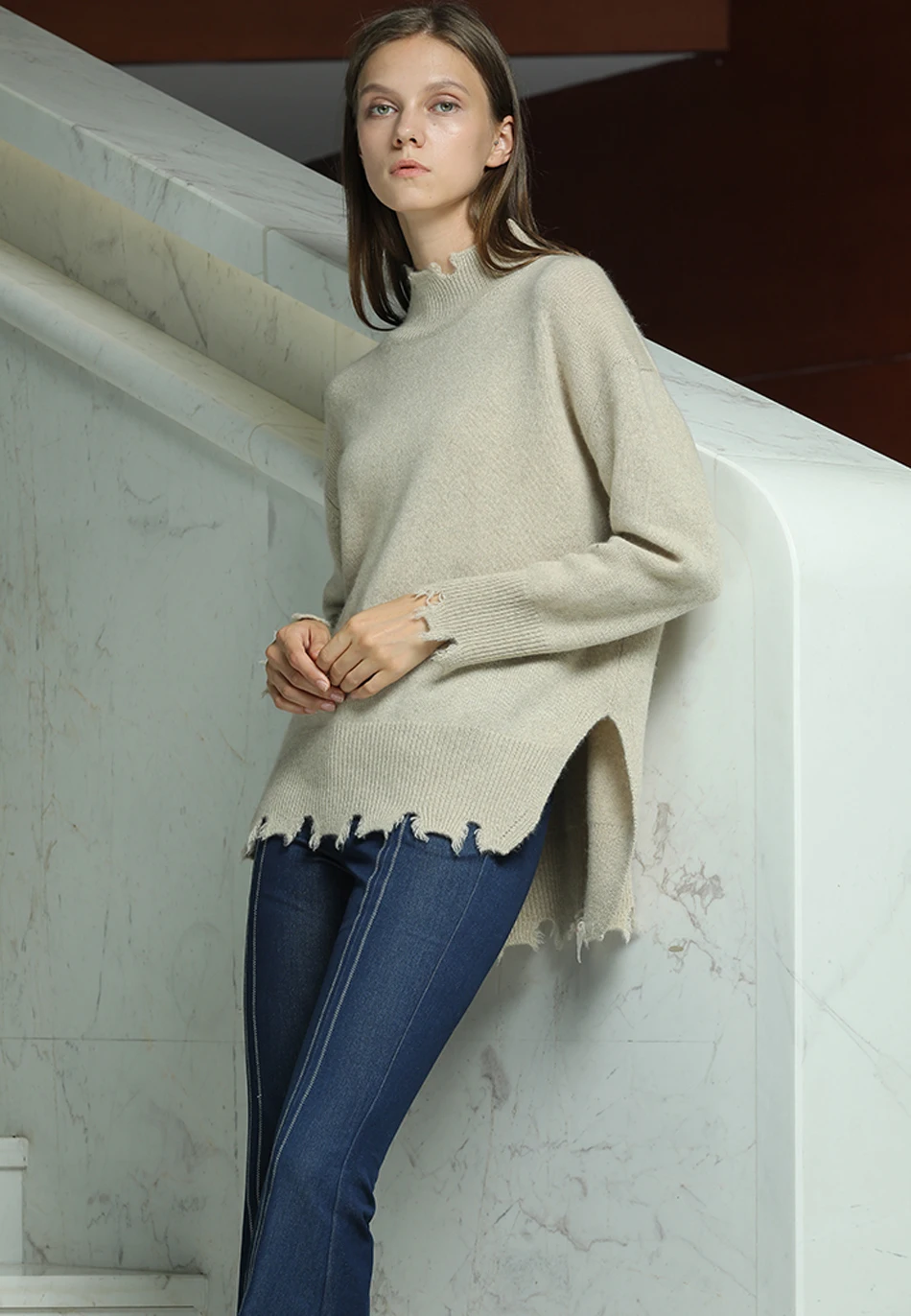 Picture RONGFANGZI Inner Mongolian Cashmere Sweater Women Beautiful Trim Dropped Shoulder Side Slit Spring Autumn 12 Gauge Knit Slava - Цвет: Picture