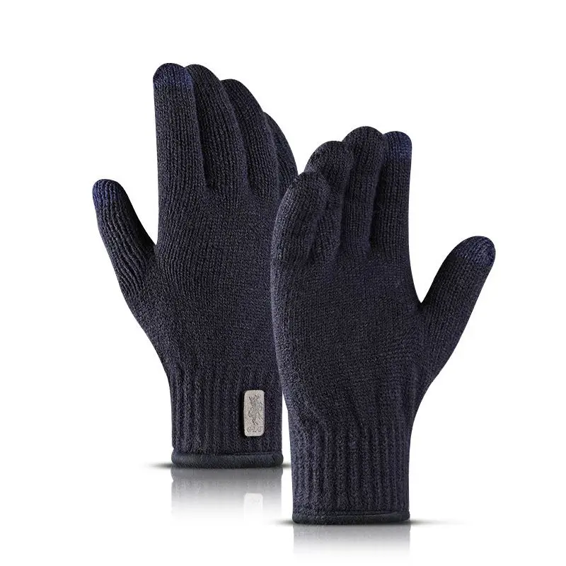 Dark blue Новые зимние вязаные шерстяные перчатки для сенсорного экрана для мужчин и женщин, теплые короткие плюшевые накладки, полный палец, спортивные перчатки для велоспорта, катания на лыжах, варежки - Цвет: Dark blue