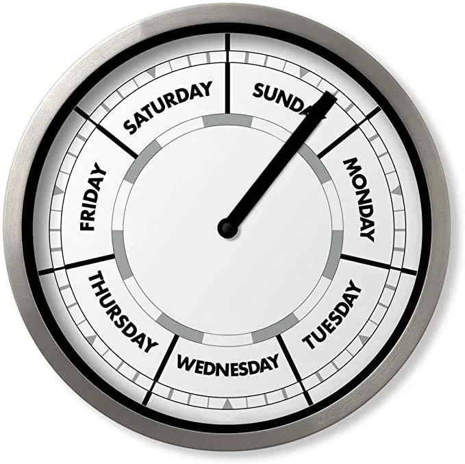 Classic Day-of-The-Week Wall Clock with Solid Aluminum-Round Frame – Weekly Clock with Noon & Midnight Markers – Quiet - 6