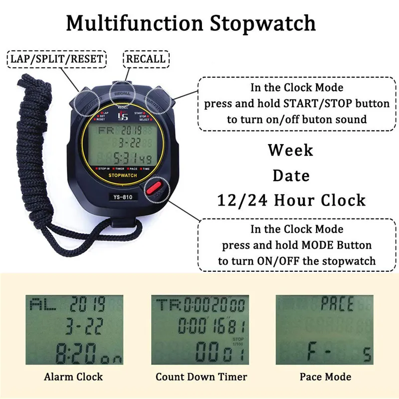 New Digital Stopwatch Sports Timer Handheld LCD Large Display Silence Waterproof 30/60/120 Memories Lap for Track Field Training